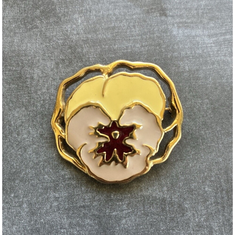 Vintage American 60's Flower Enamel Brooch Gold Tone,Yellow,Burgundy, Cream